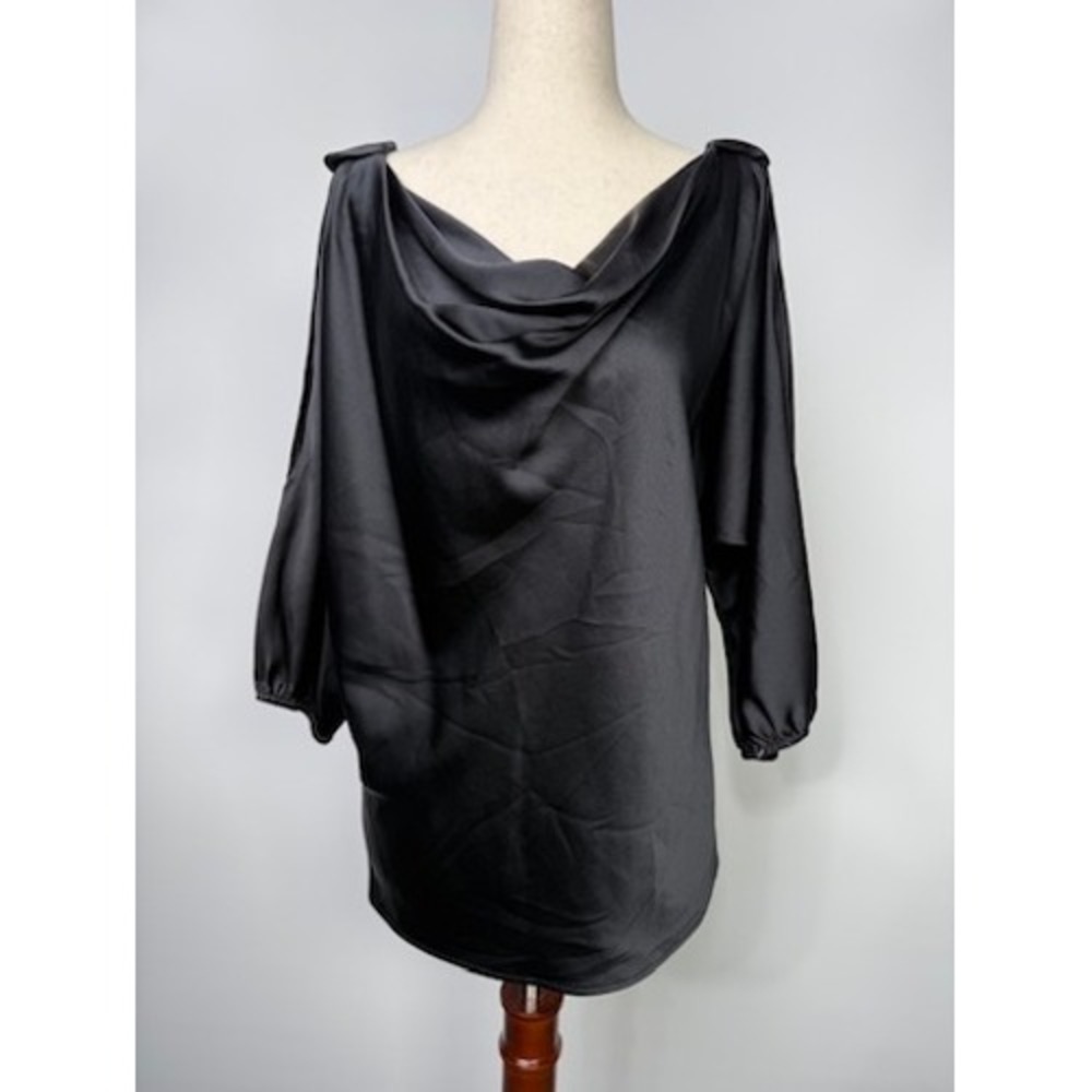 St John Black Silk Cold Shoulder Cowl Neck Blouse Top SP 10 Size S